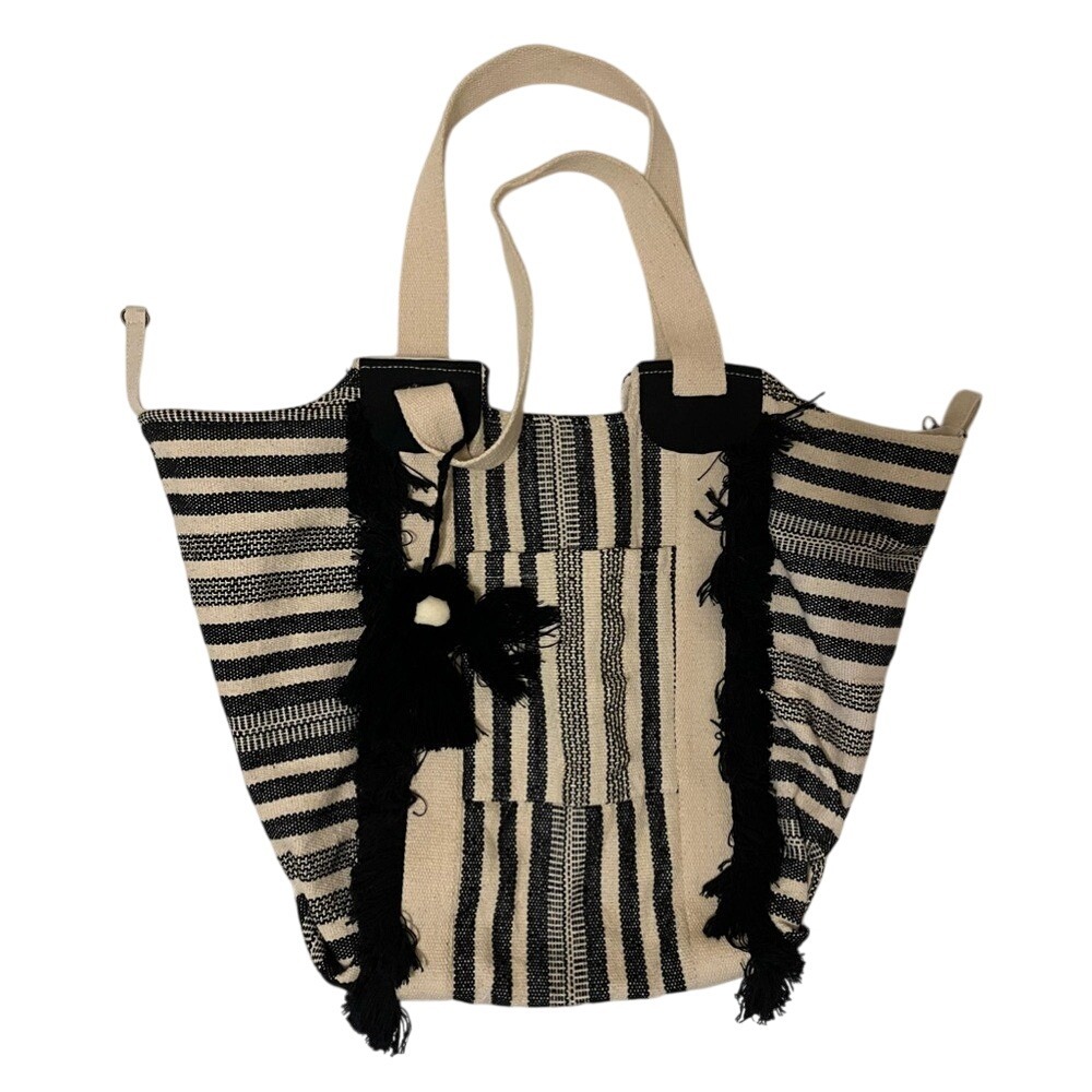 Boho Woven Striped Tote Bag Black Cream Fringe Tassel Large Shoulder Bag India